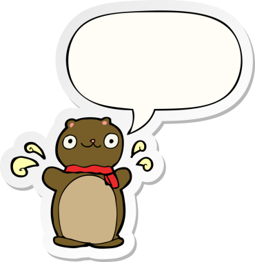 Bir insan tarafından çizilmiş konuşma balonu çıkartmalı mutlu oyuncak ayı.