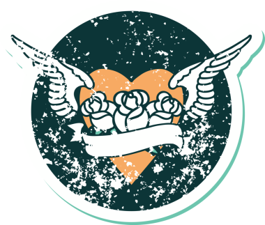 İkonik sıkıntılı dövme stili kanatlı kalp resmi çiçekler ve bir insan tarafından çizilmiş pankart