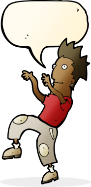 Çizgi filmdeki mutlu adam, bir insan tarafından çizilmiş konuşma balonuyla komik dans ediyor.