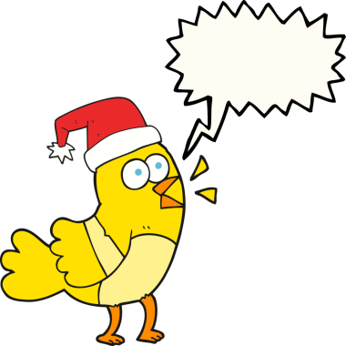 Bir insan tarafından çizilmiş Noel şapkası giyen serbest konuşma balonu karikatür kuşu.