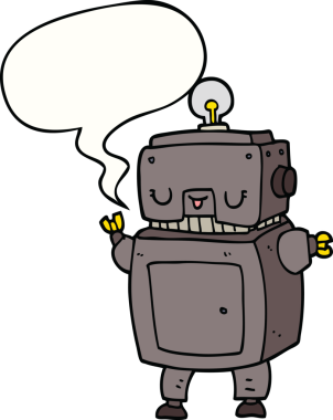 Bir insan tarafından çizilmiş konuşma balonu olan çizgi film robotu.