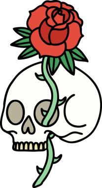 Bir insan tarafından çizilmiş geleneksel bir kafatası ve gül dövmesi.