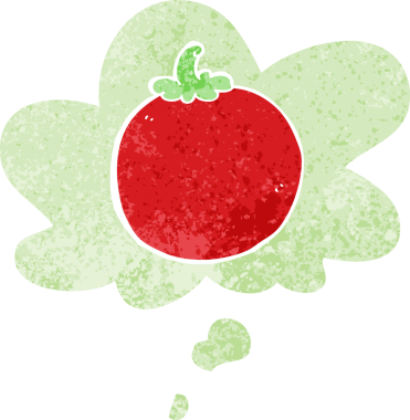 Düşünce baloncuklu çizgi film domatesi grunge sıkıntılı retro dokuma tarzı bir insan tarafından çizilmiş.