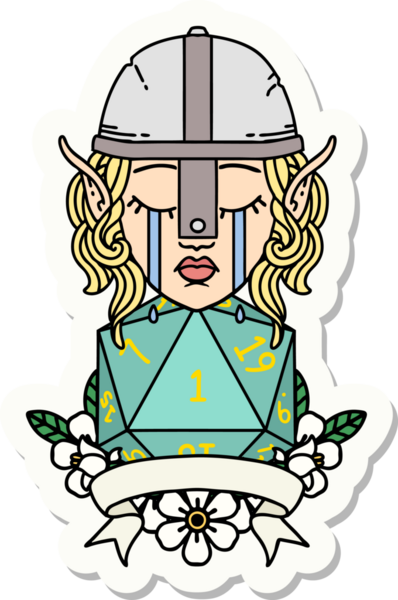 Ağlayan bir elf savaşçı karakterinin çıkartması. Doğal bir insan tarafından çizilmiş bir D20 rulo.