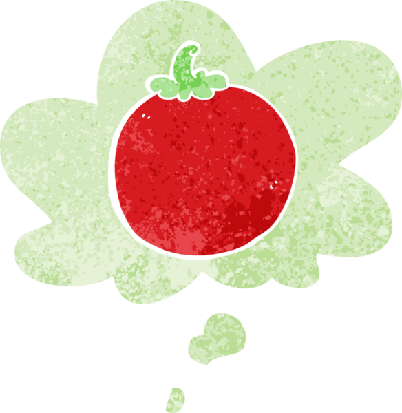 Düşünce baloncuklu çizgi film domatesi grunge sıkıntılı retro dokuma tarzı bir insan tarafından çizilmiş.