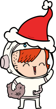 Bir insan tarafından çizilmiş Noel Baba şapkası giyen mutlu bir uzay kızının çizimi.