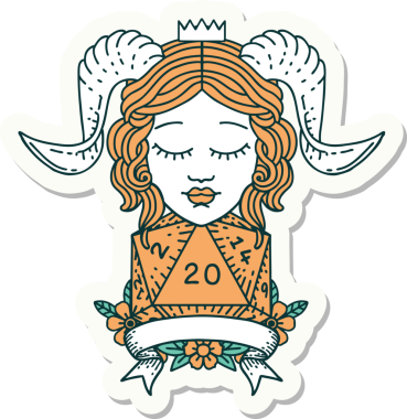 Bir insan tarafından çizilmiş doğal yirmi zarla yapıştırılmış bir etiket.