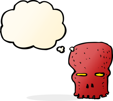 Bir insan tarafından çizilmiş düşünce baloncuklu garip kafatası.