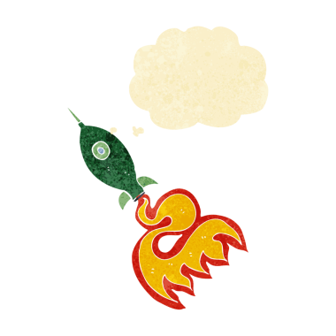 Bir insan tarafından çizilmiş düşünce baloncuklu uzay roketi.