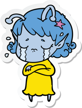 Bir insan tarafından çizilmiş ağlayan uzaylı bir kızın çıkartması.