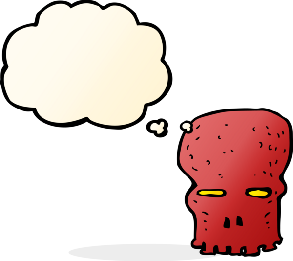 Bir insan tarafından çizilmiş düşünce baloncuklu garip kafatası.