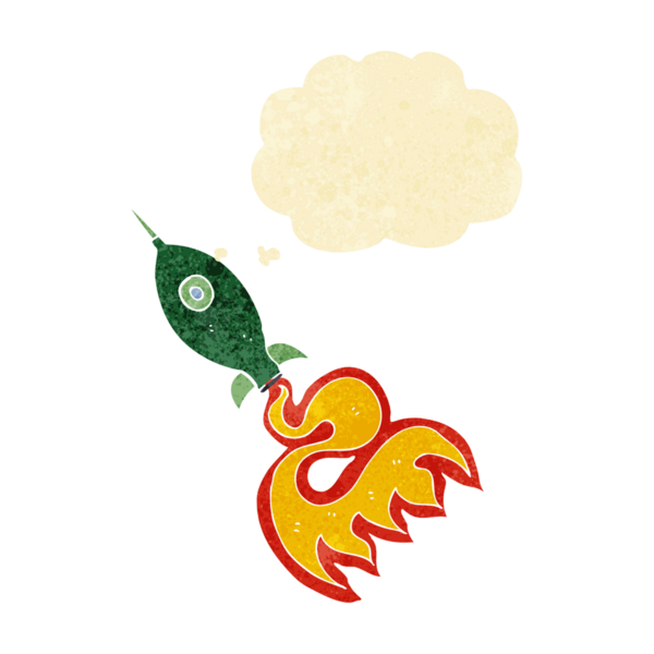 Bir insan tarafından çizilmiş düşünce baloncuklu uzay roketi.