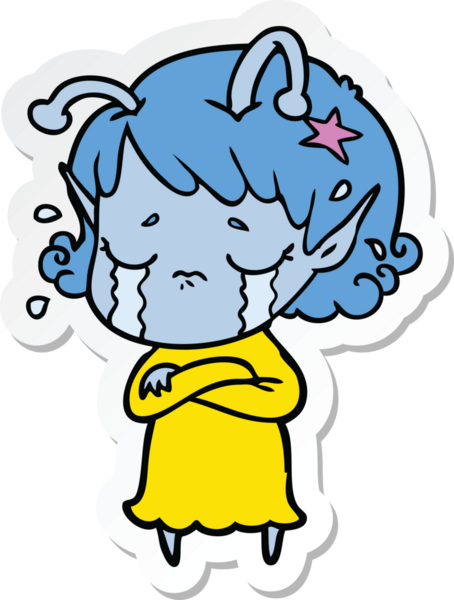 Bir insan tarafından çizilmiş ağlayan uzaylı bir kızın çıkartması.