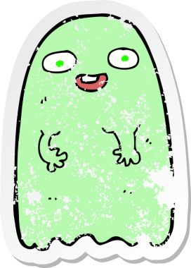 Bir insan tarafından çizilmiş komik bir karikatür hayaletinin gerilmiş çıkartması.