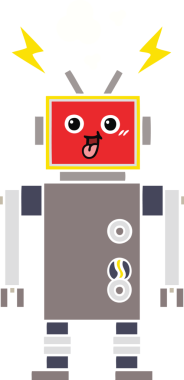 Bir insan tarafından çizilmiş çılgın bir robotun düz renkli retro karikatürü