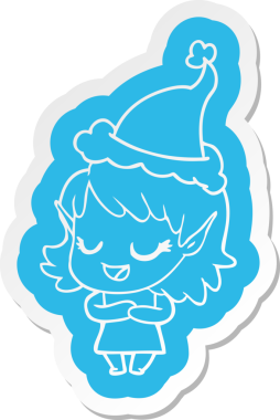 Bir insan tarafından çizilmiş Noel Baba şapkası giyen elf bir kızın komik çizgi film çıkartması.