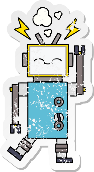 Bir insan tarafından çizilmiş sevimli bir robot çizgi film çıkartması.