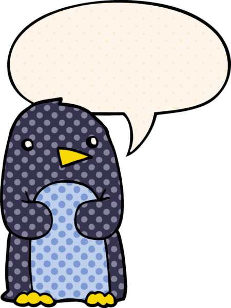Bir insan tarafından çizilmiş çizgi roman tarzında konuşma balonu olan penguen çizgi filmi.