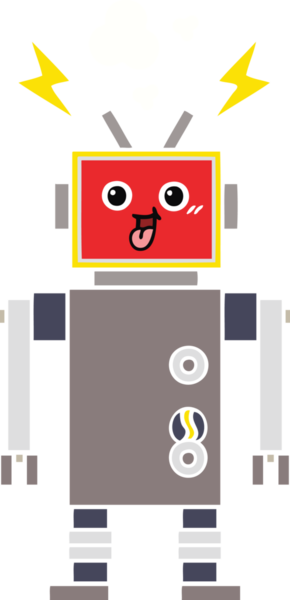 Bir insan tarafından çizilmiş çılgın bir robotun düz renkli retro karikatürü