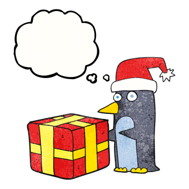 Serbest çizim düşünce balonu desenli karikatür noel pengueni bir insan tarafından çizilmiş.