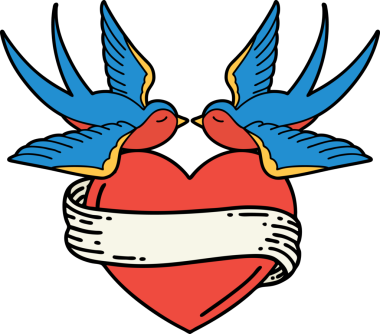 Geleneksel kırlangıç tarzında dövme ve bir insan tarafından çizilmiş sancaklı bir kalp.