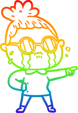 Gökkuşağı gradyan çizgi çizimi. Bir insan tarafından çizilmiş gözlük takan ağlayan bir kadın.