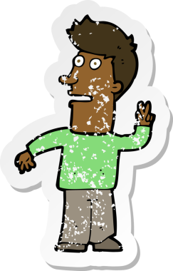 Bir insan tarafından çizilmiş barış işareti yapan bir çizgi film karakterinin sıkıntılı retro yapıştırması.