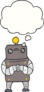 Bir insan tarafından çizilmiş düşünce baloncuklu çizgi film robotu