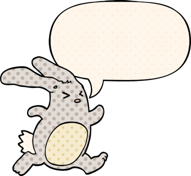 Çizgi roman tarzında konuşma balonu olan çizgi film tavşanı bir insan tarafından çizilmiş.