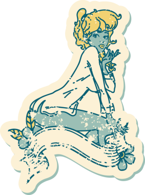 İkonik sıkıntılı dövme stili bir kız resmi, afişi insan tarafından çizilmiş bir tişört giyiyor.