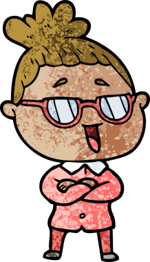 Bir insan tarafından çizilmiş gözlüklü mutlu kadın çizgi filmi.