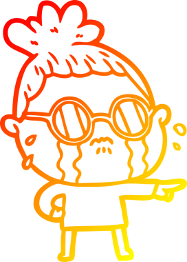 Bir insan tarafından çizilmiş gözlüklü, ağlayan bir kadının çizgi film çizimi.