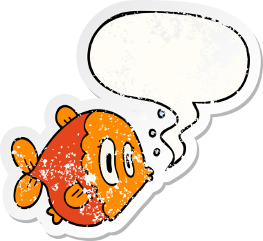 Konuşma baloncuğu olan çizgi film balıkları bir insan tarafından çizilmiş sıkıntılı eski bir çıkartma