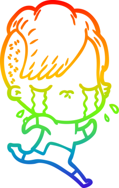 Gökkuşağı gradyan çizgi çizimi bir insan tarafından çizilmiş uzay giysileri giyen ağlayan bir kız çizimi