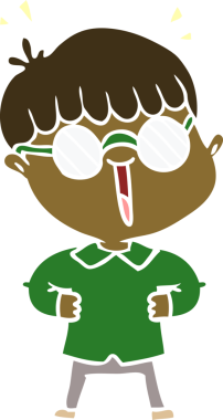 Bir insan tarafından çizilmiş gözlük takan düz renkli çizgi film çocuğu.