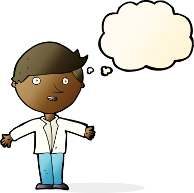 Düşünce baloncuğu bir insan tarafından çizilmiş sıradan ceketli bir karikatür adamı.