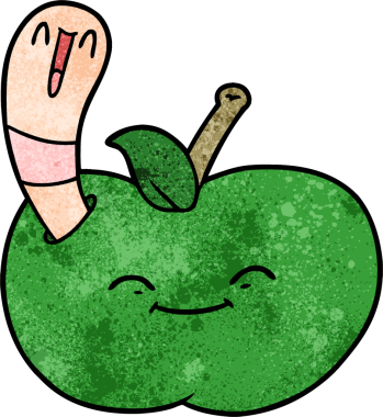 Bir insan tarafından çizilmiş elmanın içinde mutlu bir solucan.