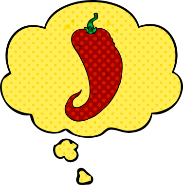 Çizgi roman tarzında bir insan tarafından çizilmiş düşünce balonlu kırmızı biber çizgi filmi.