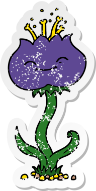 Bir insan tarafından çizilmiş şirin bir karikatür çiçeğinin sıkıntılı çıkartması.