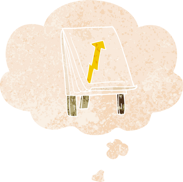 Düşünce baloncuklu oklu bir çizgi film çizelgesi grunge sıkıntılı retro desenli bir insan tarafından çizilmiş