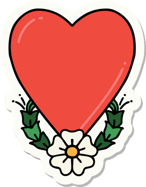 Bir insan tarafından çizilmiş geleneksel bir kalp ve çiçek stiliyle dövme çıkartması.