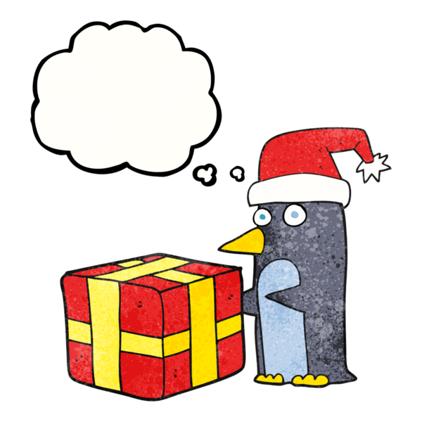 Serbest çizim düşünce balonu desenli karikatür noel pengueni bir insan tarafından çizilmiş.