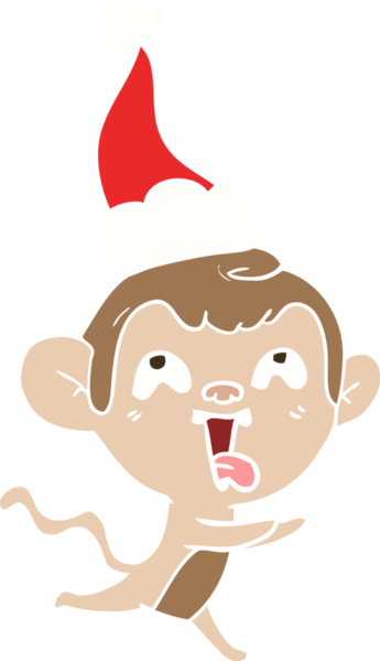 Bir insan tarafından çizilmiş Noel Baba şapkasıyla koşan bir maymunun düz renk çizimi.