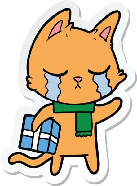 Ağlayan çizgi film kedisinin çıkartması. Elinde bir insan tarafından çizilmiş Noel hediyesi var.