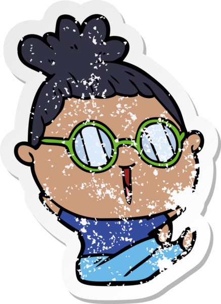 Bir insan tarafından çizilmiş gözlük takan karikatürlü bir kadının sıkıntılı çıkartması.