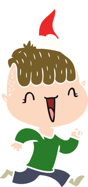 Bir insan tarafından çizilmiş Noel Baba şapkası giymiş mutlu bir çocuğun el çizimi düz bir çizimi.