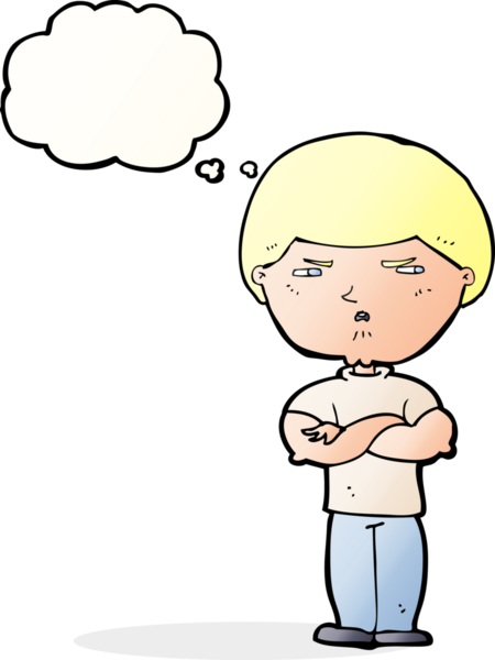 Bir insan tarafından çizilmiş düşünce kabarcığı olan huysuz bir çizgi film karakteri.