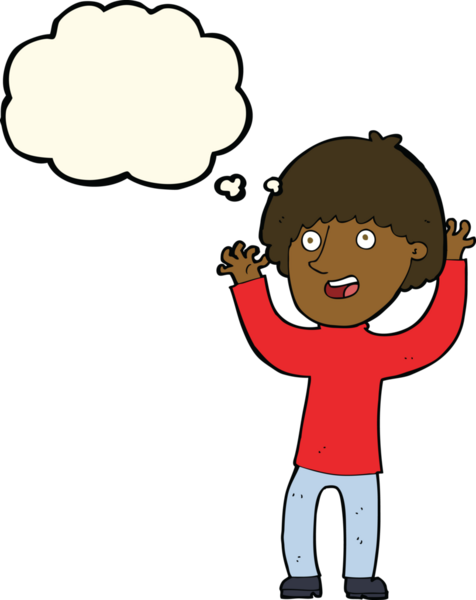 Bir insan tarafından çizilmiş düşünce baloncuğuyla gülen mutlu çocuk.