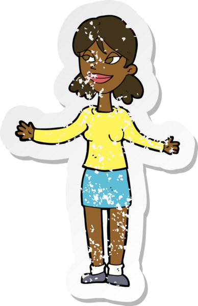 Bir insan tarafından çizilmiş omuzlarını silken mutlu bir kadının gerilmiş çıkartması.