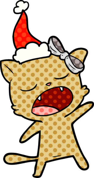 Bir insan tarafından çizilmiş Noel Baba şapkası takan şarkı söyleyen bir kedinin el çizimi çizgi roman çizimi.